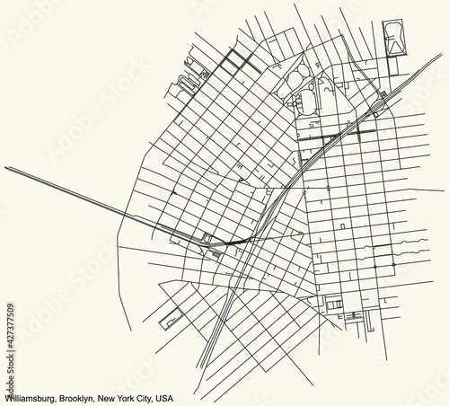 Black simple detailed street roads map on vintage beige background of the quarter Williamsburg neighborhood of the Brooklyn borough of New York City, USA