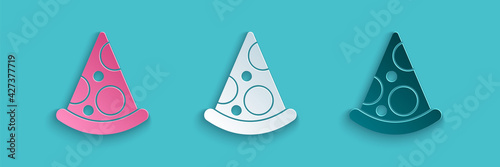 Paper cut Slice of pizza icon isolated on blue background. Fast food menu. Paper art style. Vector