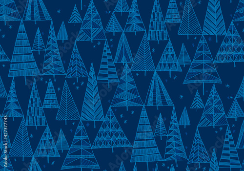 Hand drawn blue xmas tree seamless pattern