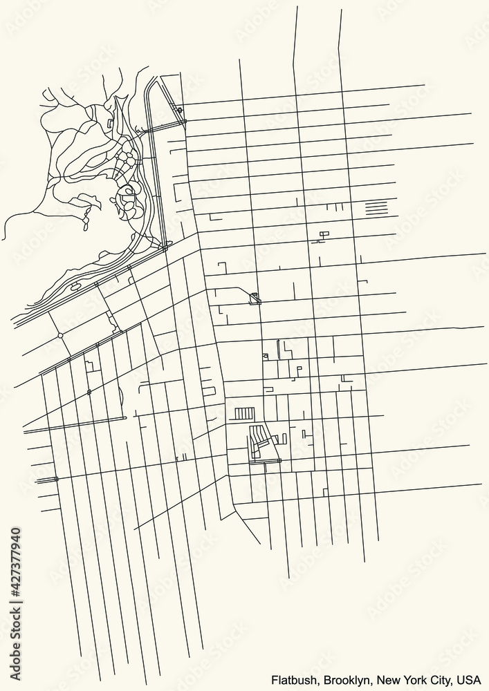 Fototapeta premium Black simple detailed street roads map on vintage beige background of the quarter Flatbush neighborhood of the Brooklyn borough of New York City, USA