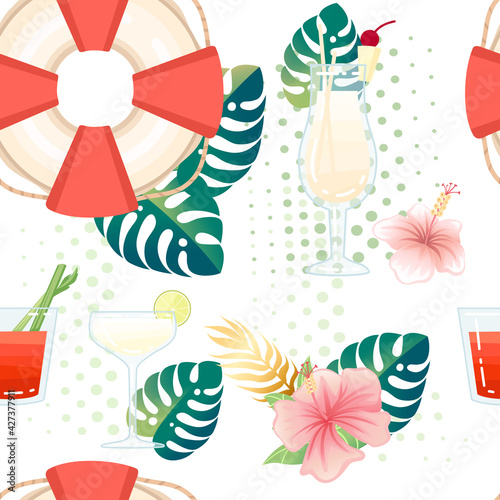 Seamless pattern exotic cocktails in transparent glass with tropical flowers vector illustration on white background
