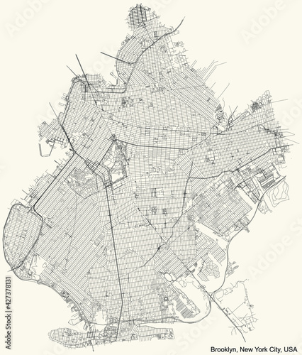 Black simple detailed street roads map on vintage beige background of the quarter Brooklyn borough of New York City, USA
