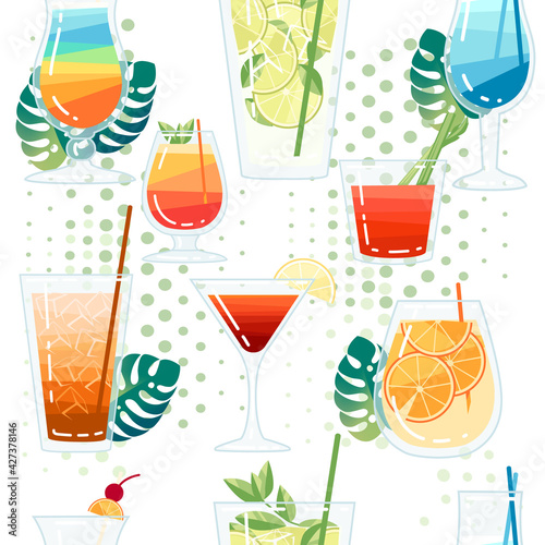 Seamless pattern exotic cocktails in transparent glass vector illustration on white background