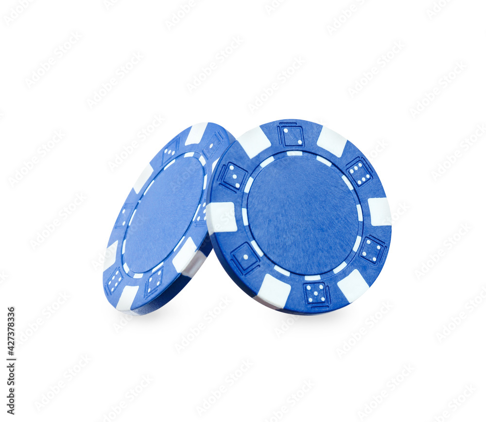 Blue casino chips on white background. Poker game Blue casino chips on white background. Poker game