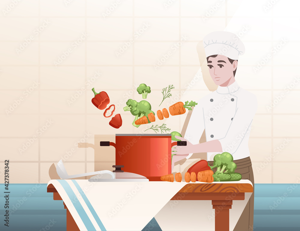 Chef cooking behind kitchen table with pan and ingredients making soup cartoon character design vector illustration on ceramic tile background Chef cooking behind kitchen table with pan and ingredients making soup cartoon character design vector illustration on ceramic tile background