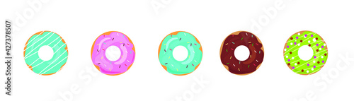 set of donuts on isolated background in flat style with highlights.  delicious donuts covered with glaze