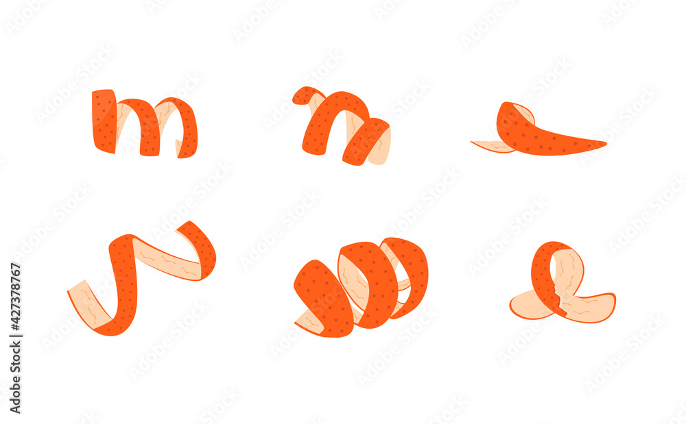 Obraz premium Set of orange fruit peel. Collection of tangerine zest for cocktails. Collection of Ribbon cut citrus peel. Mandarin, lemon, grapefruit or kumquat skin. Vector illustration on white background.