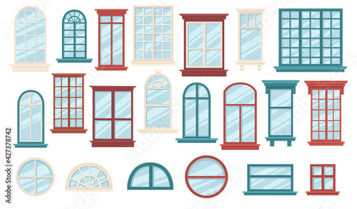 Set of various wooden windows collection windows with different shapes rectangle and oval vector illustration on white background