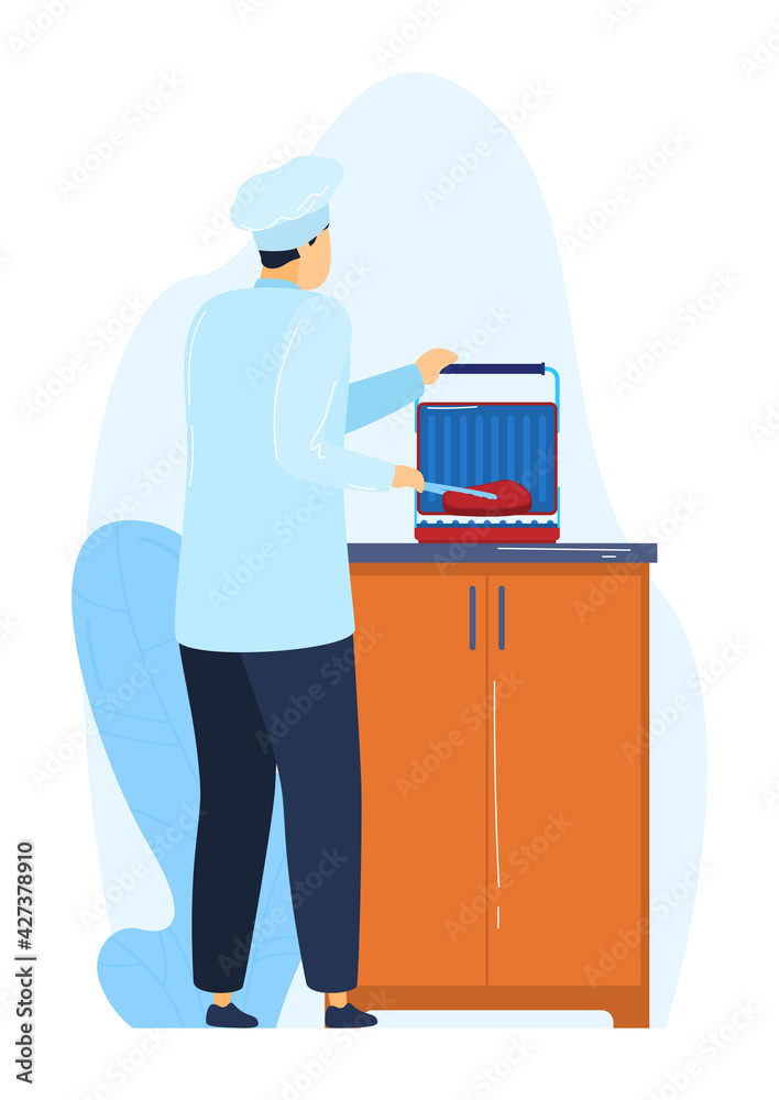 Man preparing food, meat food delicious, male chef, isolated not white, roast cooking, design, flat style vector illustration. Man preparing food, meat food delicious, male chef, isolated not white, roast cooking, design, flat style vector illustration.