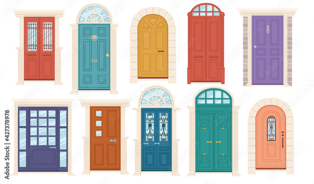 Set of different wooden doors with and without glass vector ...