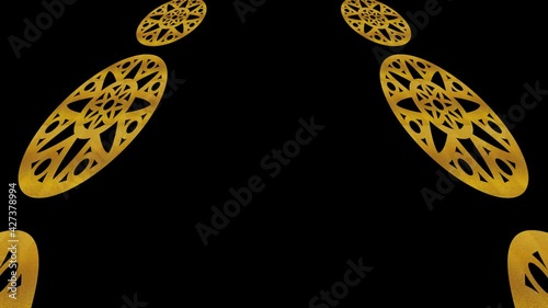 Art Deco gold pattern on a black background, which tilts up and moves down, composed of geometric shapes typical of the style, in 4K and 16:9 video format.