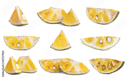 Set with slices of delicious exotic jackfruit on white background