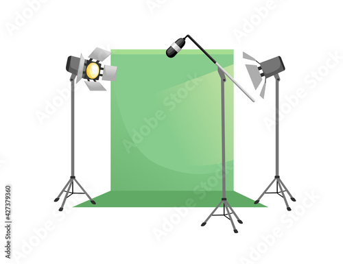 Video or film production cinematography scene concept green screen and professional tools microphone and projectors vector illustration on white background