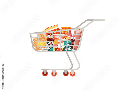 Self-service shopping cart with fresh grocery products snacks sausage and soda trolley cart vector illustration isolated on white background