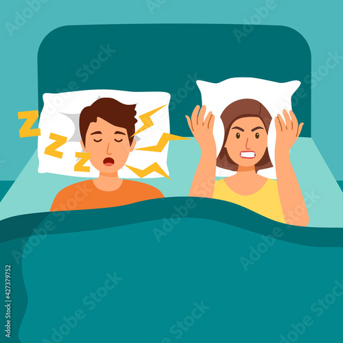 Snoring husband annoying wife with loud noise in bedroom vector illustration. Snore health problem.