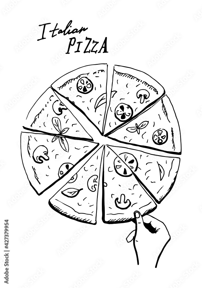 Hand drawn vector illustration – sliced Italian pizza. Black and white linear sketch