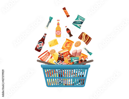 Blue plastic shopping basket with fresh grocery products snacks sausage and soda vector illustration isolated on white background