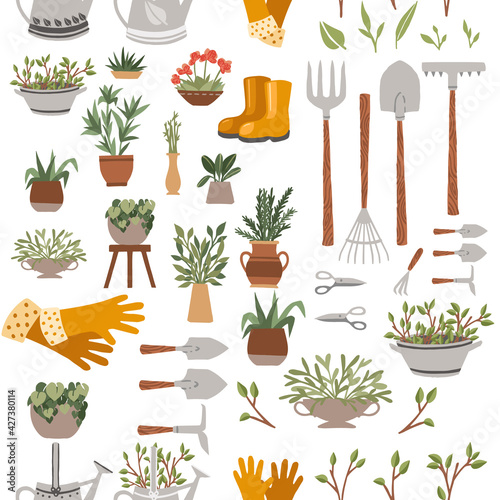 Seamless pattern collection of items for gardening various gardening tools vector illustration on white background