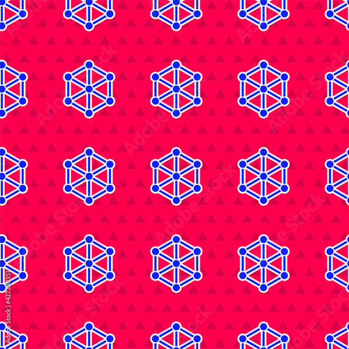 Blue GMO icon isolated seamless pattern on red background. Genetically modified organism acronym. Dna food modification. Vector