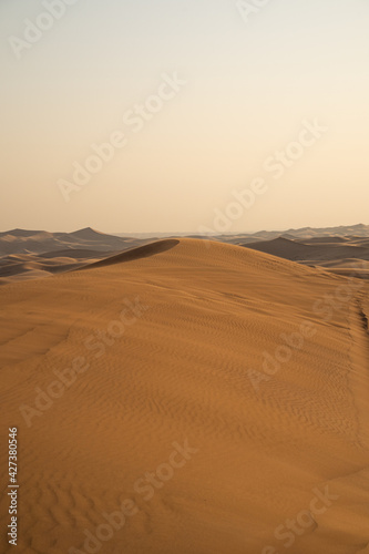 andscape of desert dunes at sunset on a windy day
