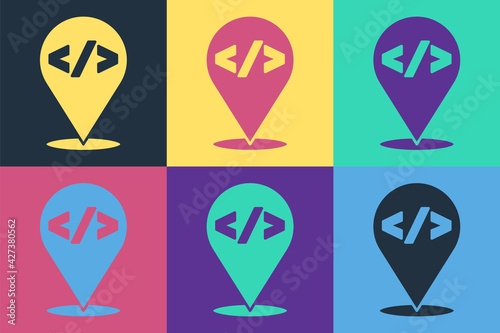 Pop art Web design and front end development icon isolated on color background. Vector