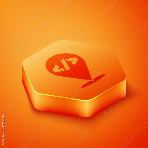 Isometric Web design and front end development icon isolated on orange background. Orange hexagon button. Vector