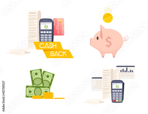 Set of POS terminal payment machine with paper bill check and piggy bank approve transaction concept vector illustration on white background