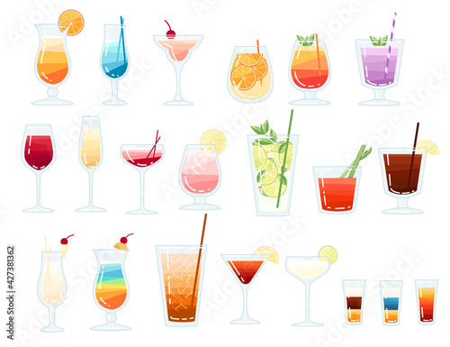 Big collection of tropical exotic alcoholic and non alcoholic cocktails vector illustration on white background