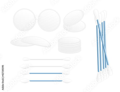 Set of cotton swabs and cotton pads ear stick buds healthy hygiene for human skin care hygiene products vector illustration on white background