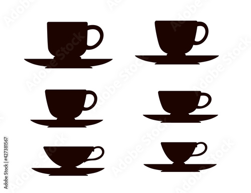 Black silhouette set tea or coffee cup on saucer vector illustration on white background