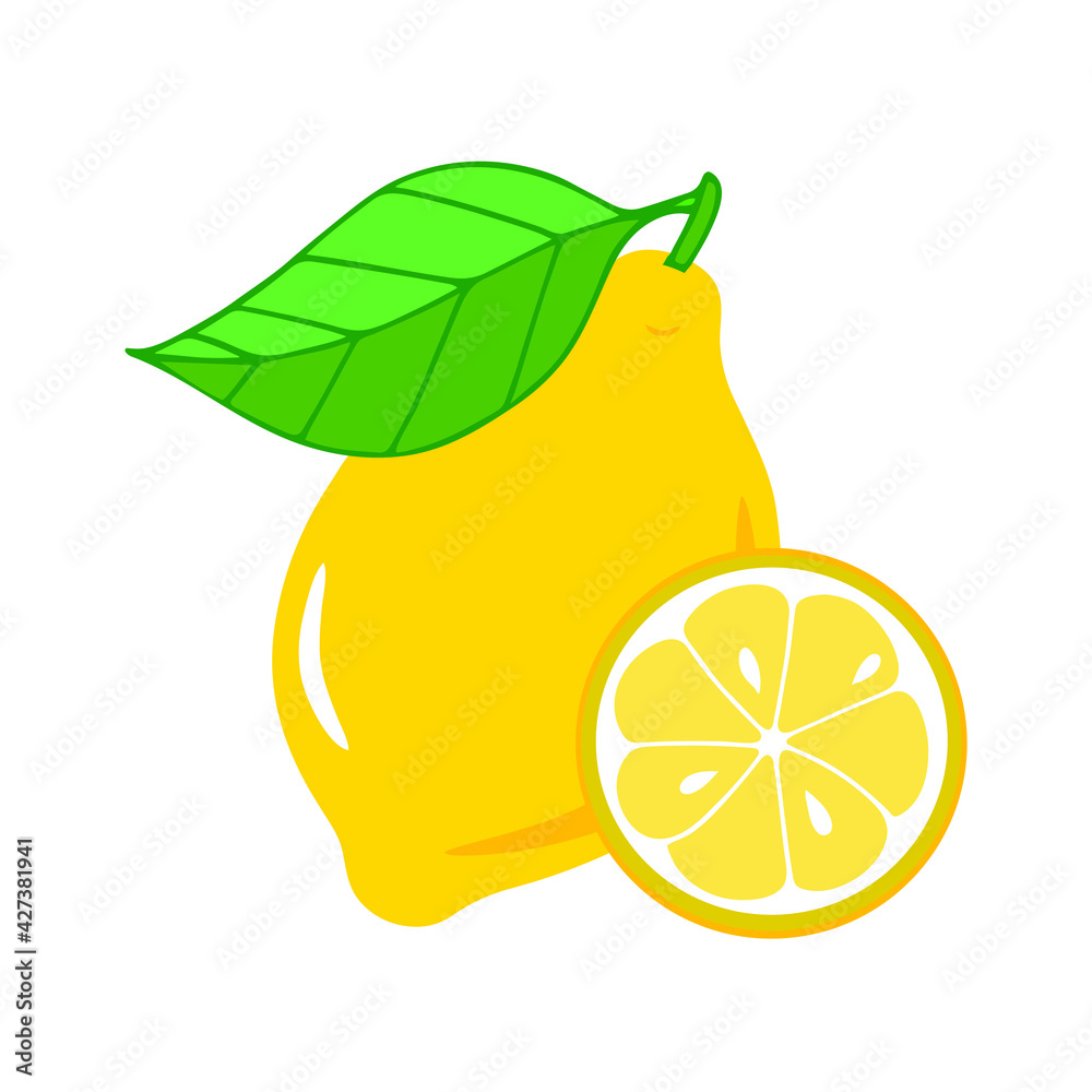 Fresh lemon fruits with green leaf, lemon slice vector illustration. Isolated on white background.