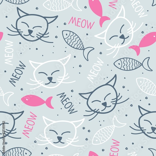 Cat and fish seamless pattern. Hand drawn vector illustration of cat face with fish. Concept for children print , textile, fabric, wrapping, wallpaper, scrapbooking. Outline style character design.