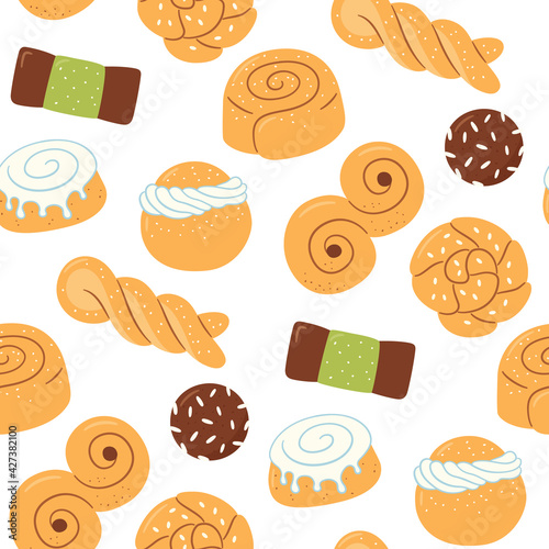 Seamless pattern with traditional swedish sweets. Kanelbulle bun, cinnamon roll, Semla, lussekatt, dammsugare and chokladboll. Hand drawn vector illustration on white background