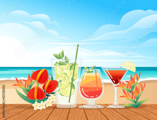 Three exotic cocktails in transparent glass on the beach with tropical flowers vector illustration with sea shore beach background