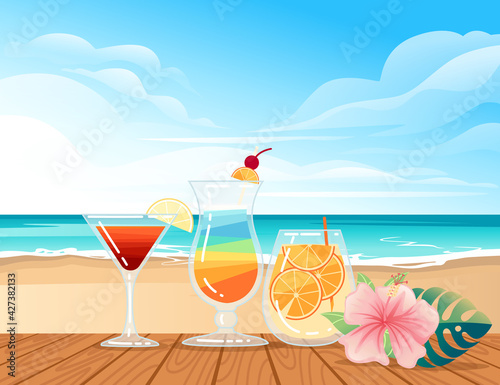 Three exotic cocktails in transparent glass on the beach with tropical flowers vector illustration with sea shore beach background