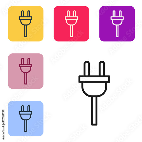 Black line Electric plug icon isolated on white background. Concept of connection and disconnection of the electricity. Set icons in color square buttons. Vector Illustration