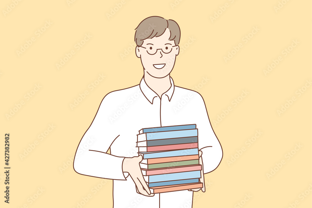 Man holding a pile of books while holding a yellow background. Hand drawn style vector design illustrations.