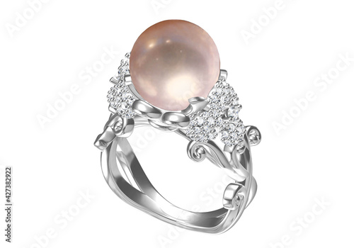 beautiful ring with pearl isolated on white. 3D rendering
