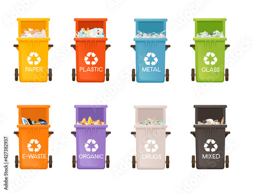 Set of colored opened garbage bins trash cans for different types of waste vector illustration isolated on white background