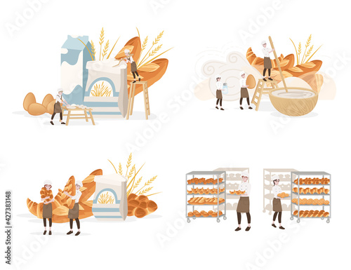 Bakery manufacturer male and female chef cooking professional bakery cartoon character design flat vector illustration on white background