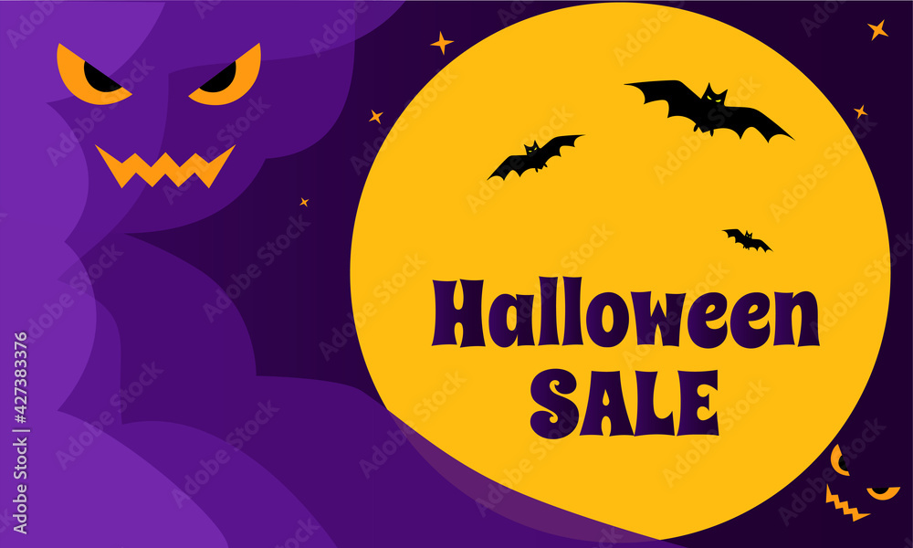 halloween; halloween sale; bat; moon; fog; greeting card; evil eyes; halloween background; shining; banner; purple; spooky; horror; holiday; card; sale; cartoon; night; retro; evil; grin; trick; festi