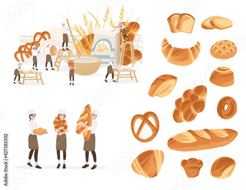 Bakery manufacturer male and female chef cooking professional bakery cartoon character design flat vector illustration on white background