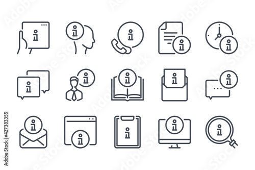 Info center and Guide information line icons. Customer service and User assistance outline icon set. Help and Support vector editable stroke icon collection.