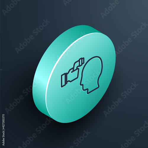 Isometric line Digital contactless thermometer with infrared light for medical examination icon isolated on black background. Checking body temperature. Turquoise circle button. Vector