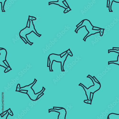 Black line Horse icon isolated seamless pattern on green background. Animal symbol. Vector