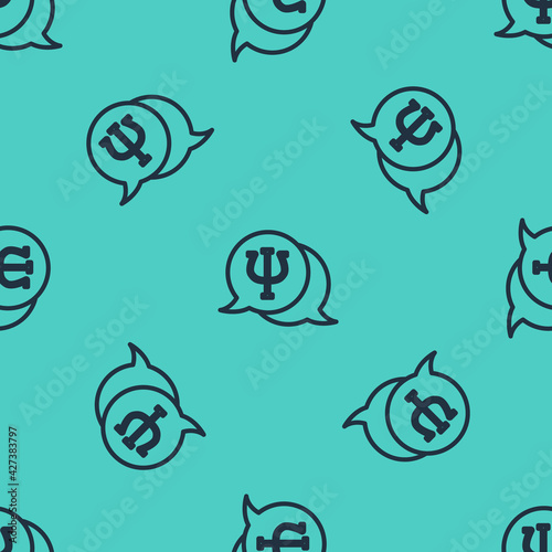 Black line Psychology icon isolated seamless pattern on green background. Psi symbol. Mental health concept, psychoanalysis analysis and psychotherapy. Vector