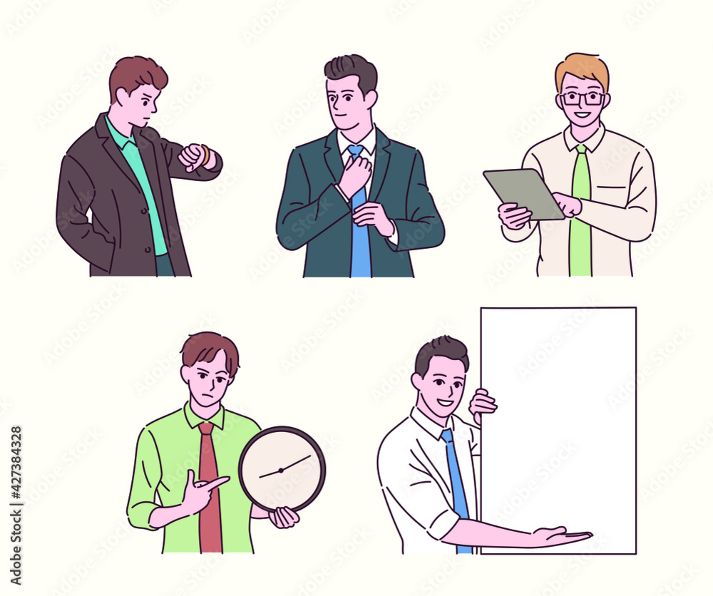 Various gestures of a businessman in a shirt. Business people of various gestures. hand drawn style vector design illustrations. 