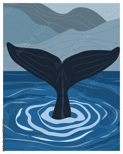 Blue whale tail flat vector illustration. Good for wall decoration, postcard or brochure, posters, invitations