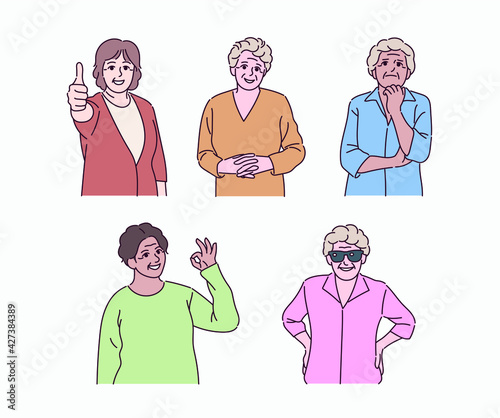 Old women of various gestures. hand drawn style vector design illustrations. 