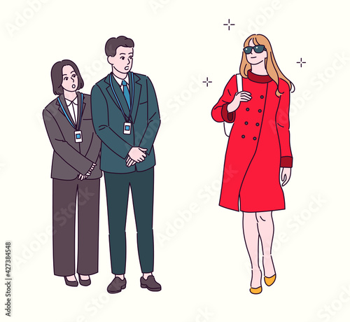 A fashionable woman is walking and the staff are admiring. hand drawn style vector design illustrations. 